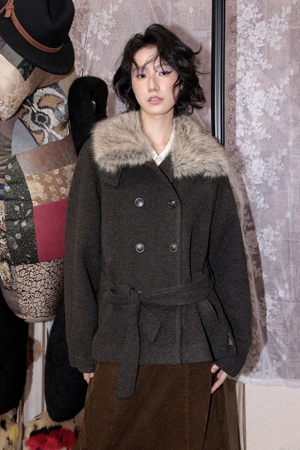 Wool Blend Fur Collar Coat