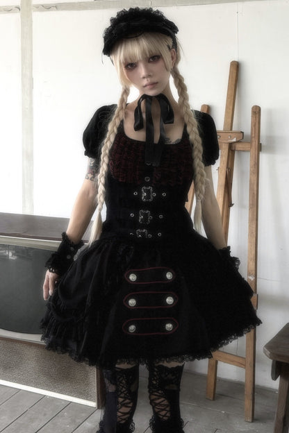 Plaid Puff Sleeve Knit Top and Mesh Cake Skirt Set-Up