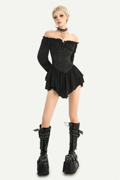 Lantern Sleeve Gothic One-Shoulder Ruffle Dress