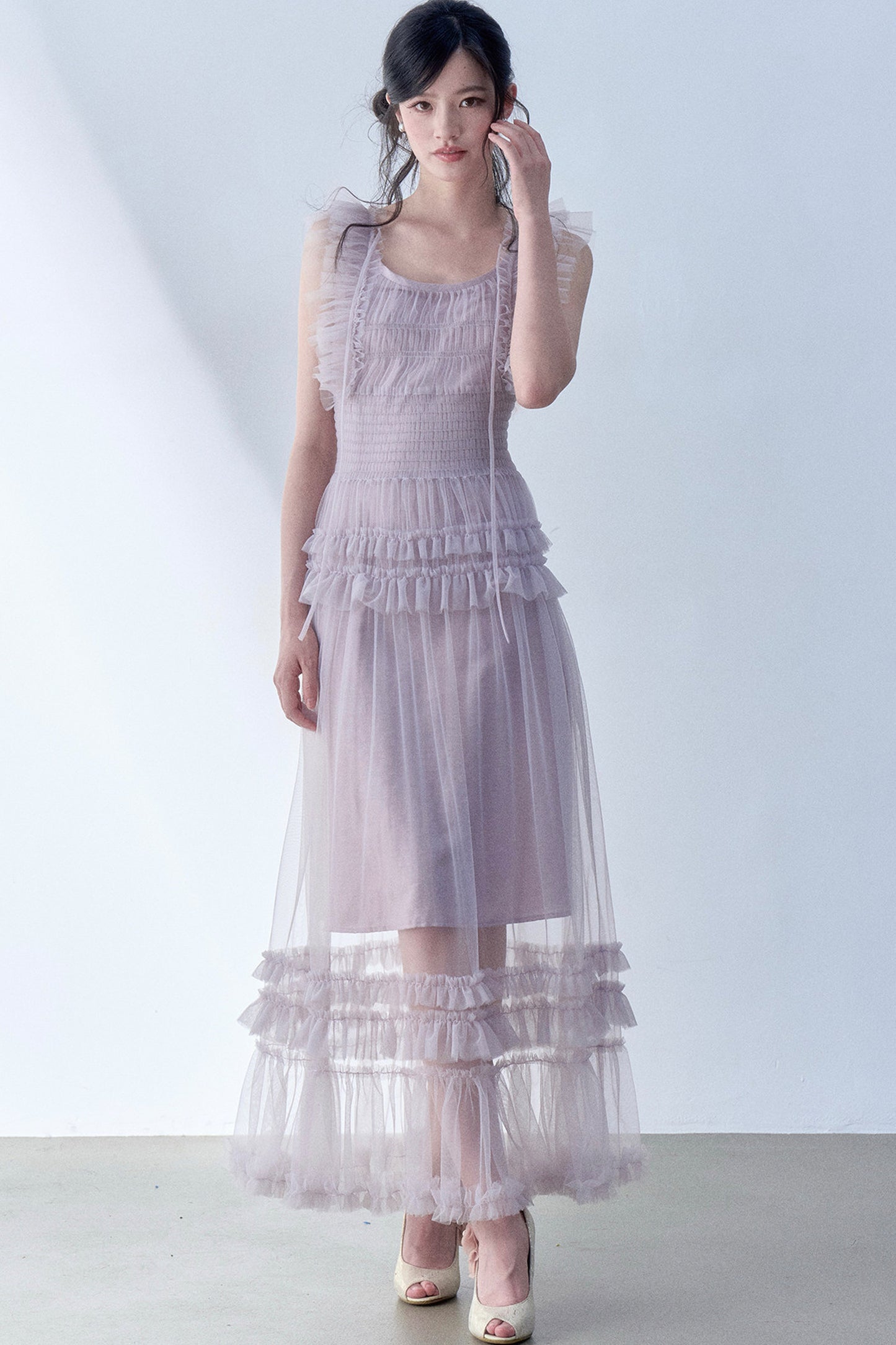 Pleated Lace Flutter Sleeve Dress