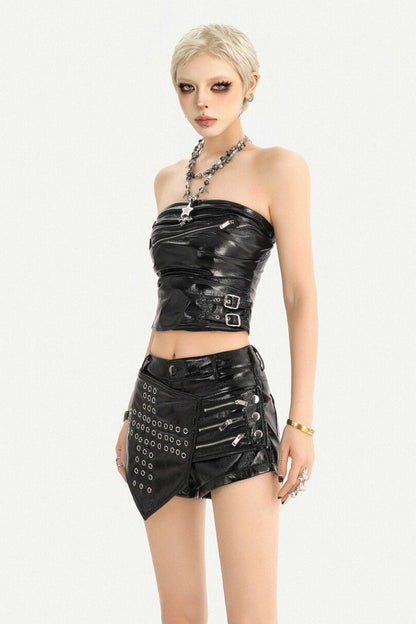 Low-Waist Punk Leather Eyelet Skirt Pants and Tube Top Set-Up