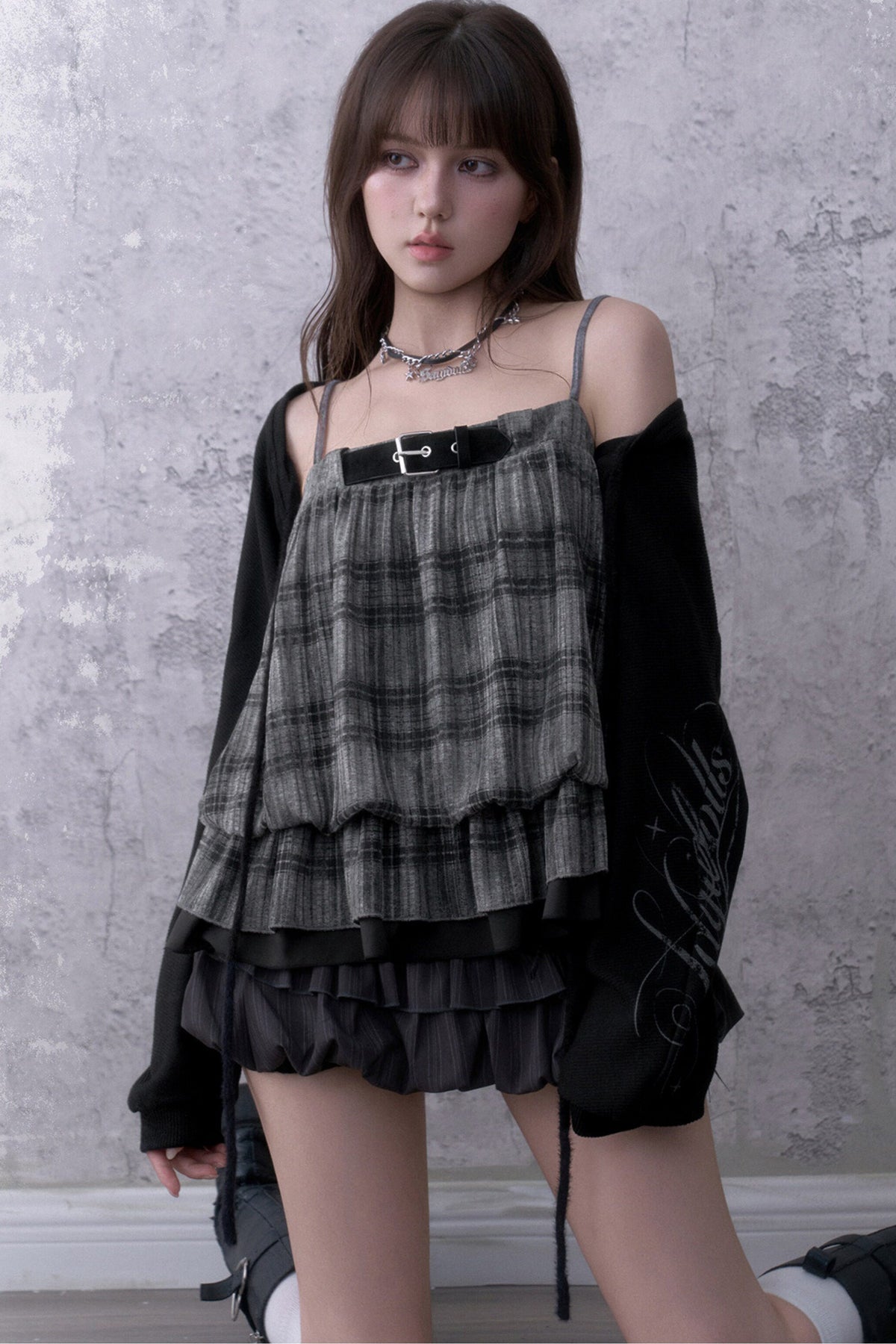 Dark Print Knitted Lantern Sleeve Cover-Up