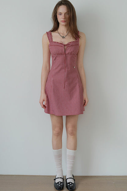 Red Gingham Ruffle Strap Dress