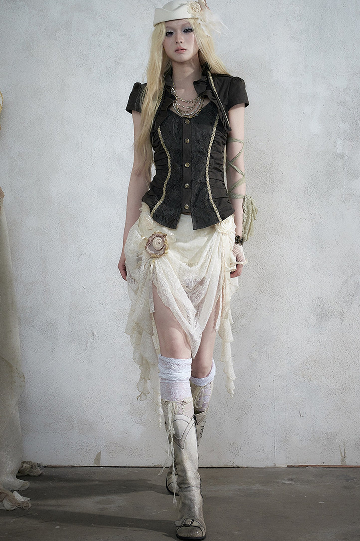 Lace Patchwork Ruched Layered-Look Shirt
