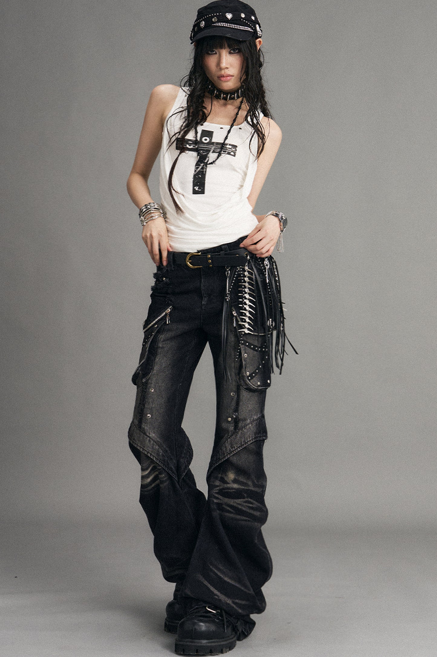 Punk Y2K Tassel Metal Chain PU Leather Belt