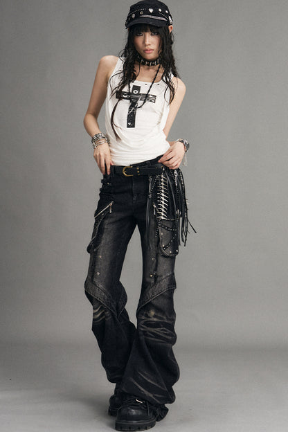 Punk Y2K Tassel Metal Chain PU Leather Belt