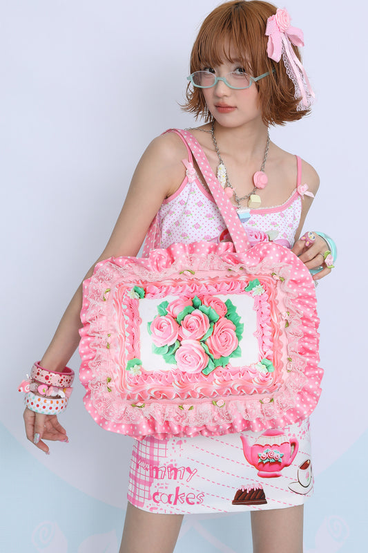 Rose Cake Ruffle Handheld Crossbody Tote