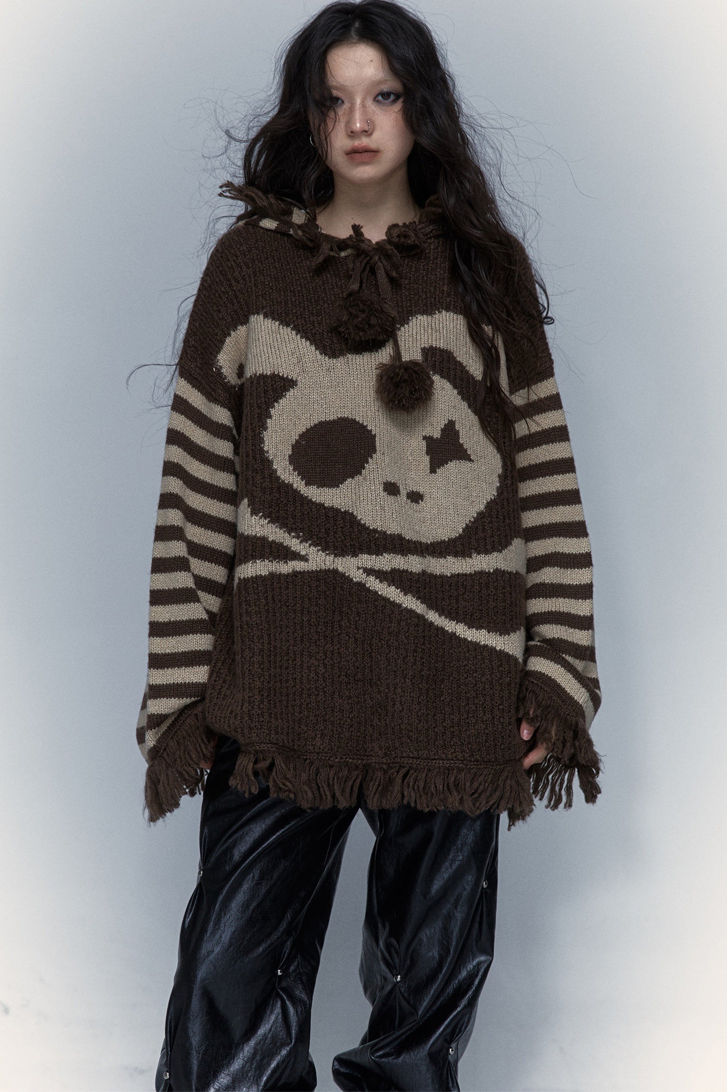 Skull Rabbit Hooded Knit Blouse