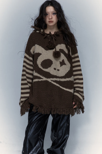 Skull Rabbit Hooded Knit Blouse