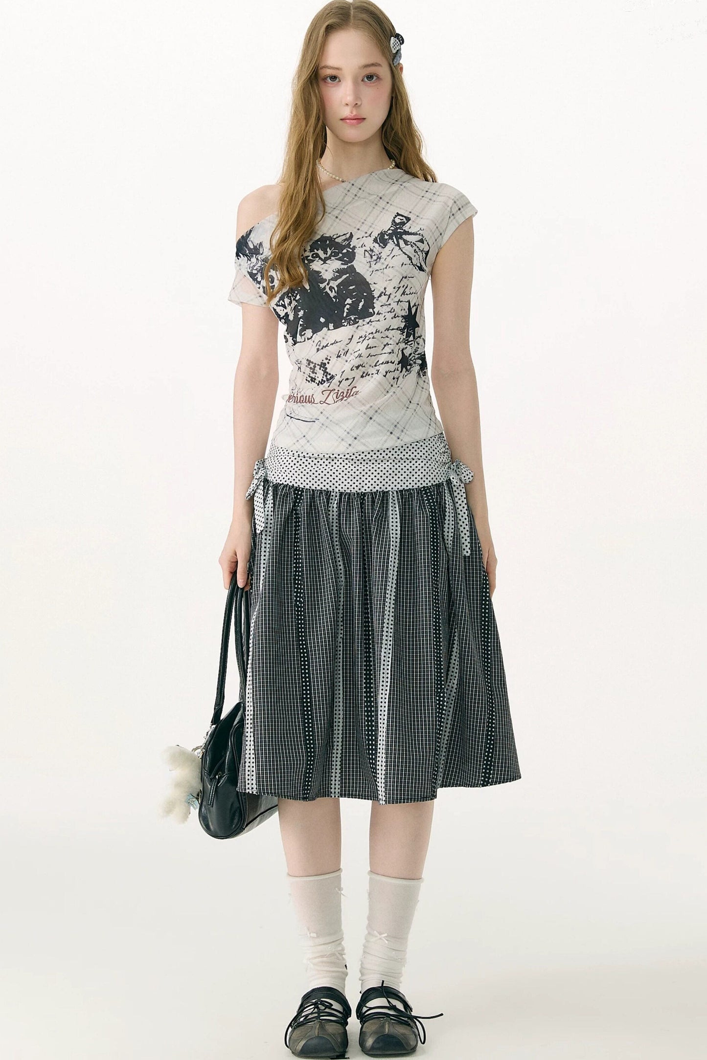 Cat Plaid Mesh Off-Shoulder T-Shirt