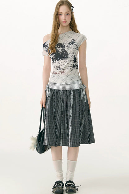 Cat Plaid Mesh Off-Shoulder T-Shirt