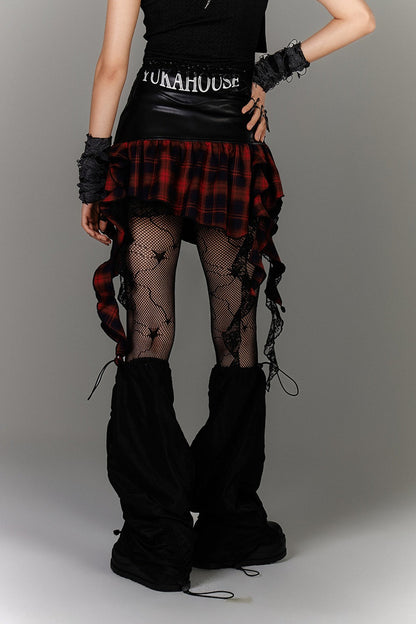Irregular Hem Ruffle Patchwork Plaid Skirt