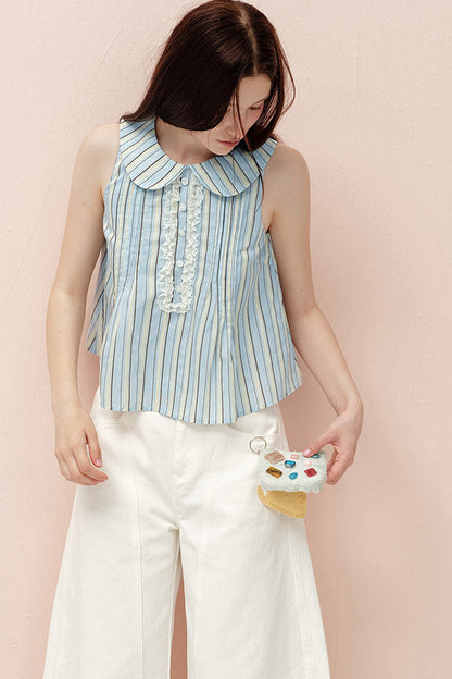 Blue Striped Doll Collar Lace Trim Tank Top