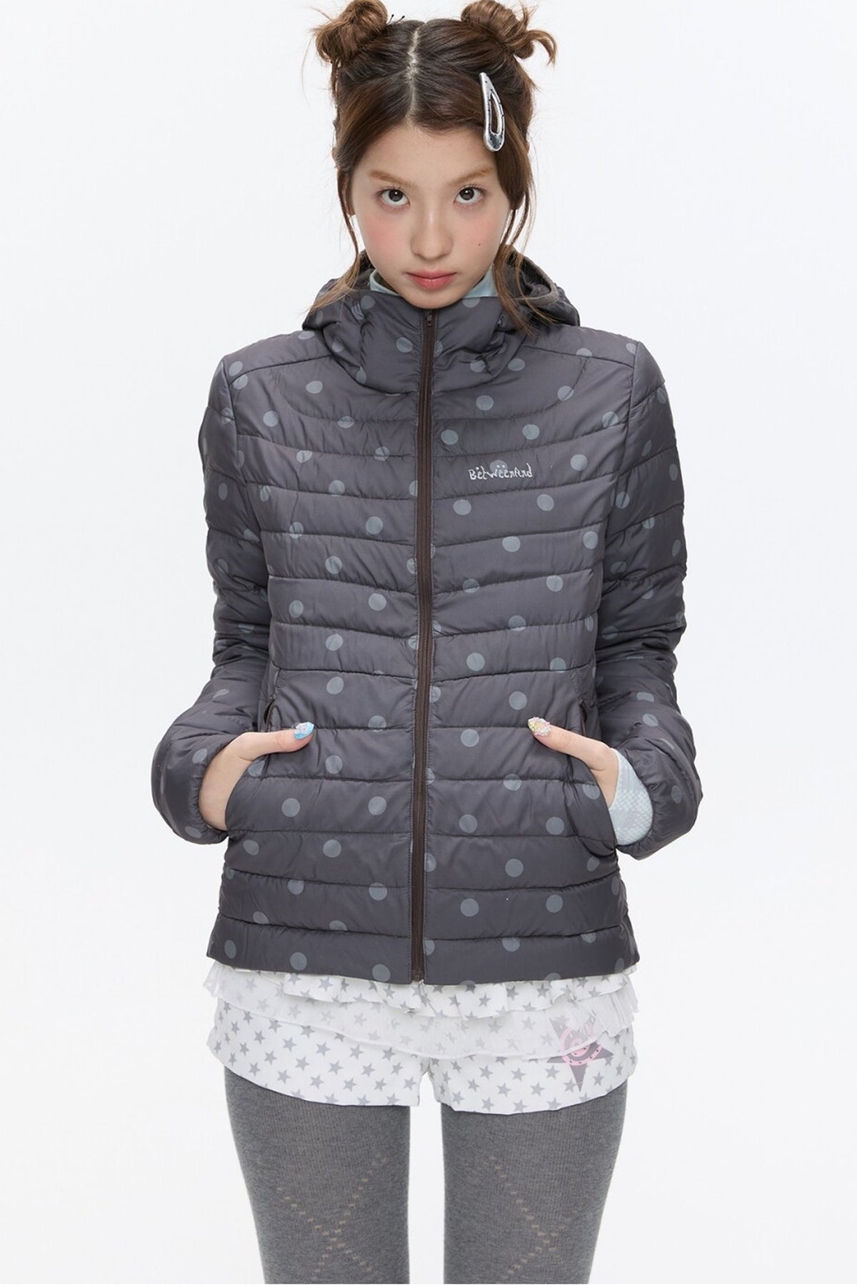 Hooded Ribbed Polka Dot Down Jacket