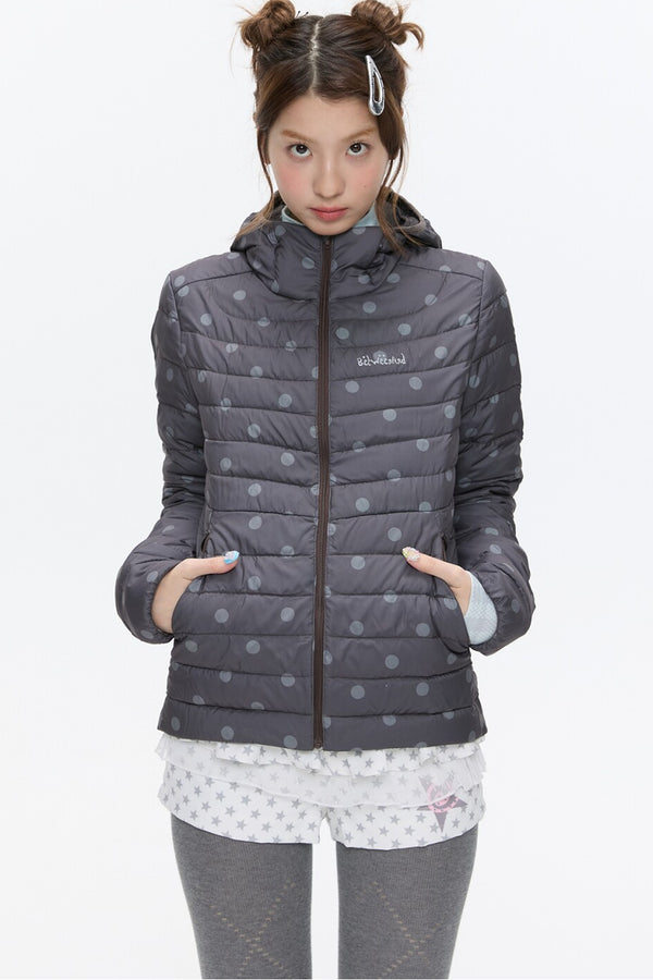 Hooded Ribbed Polka Dot Down Jacket