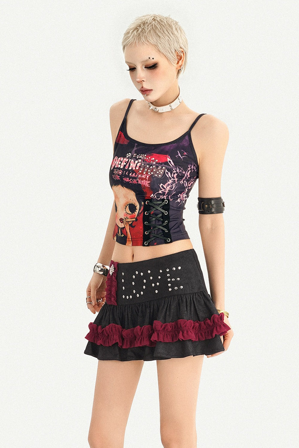 Y2K Graphic Tank Top and Rivet Tiered Skirt Set-Up
