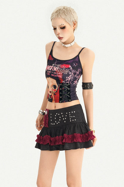 Y2K Graphic Tank Top and Rivet Tiered Skirt Set-Up