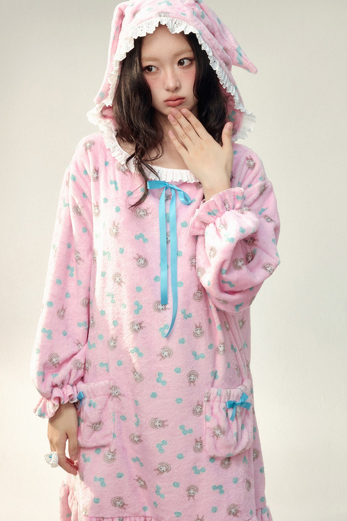 Pink Floral Flannel Ruffled Hooded Robe