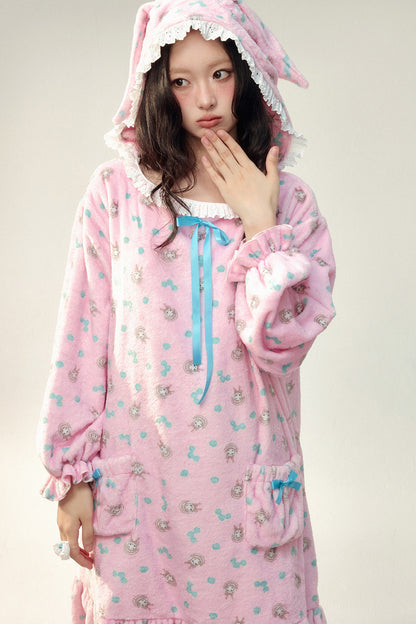 Pink Floral Flannel Ruffled Hooded Robe
