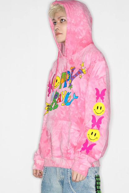 Pink Tie-Dye Smiley Face Hooded Sweatshirt