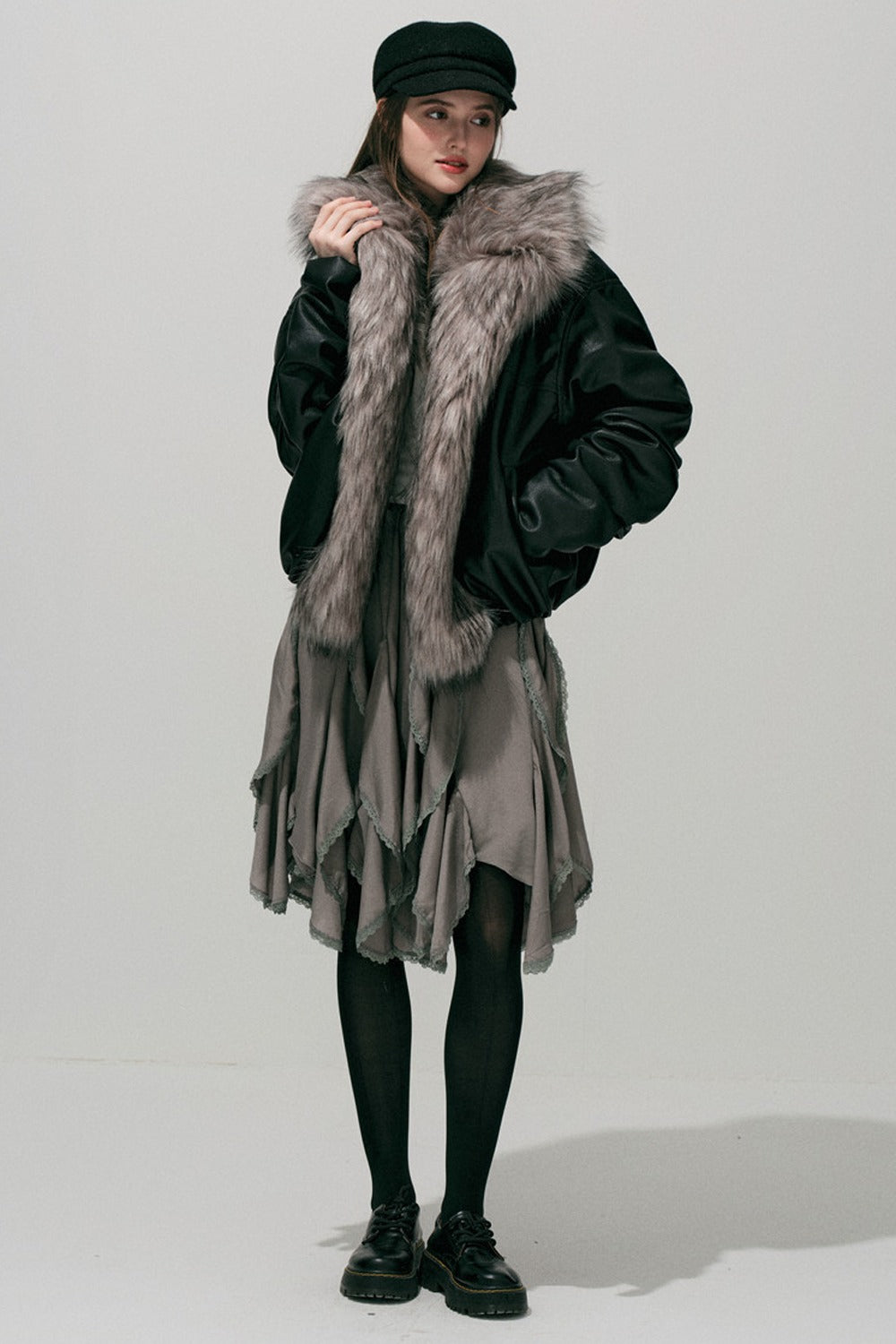 Large Fur Collar Leather Jacket