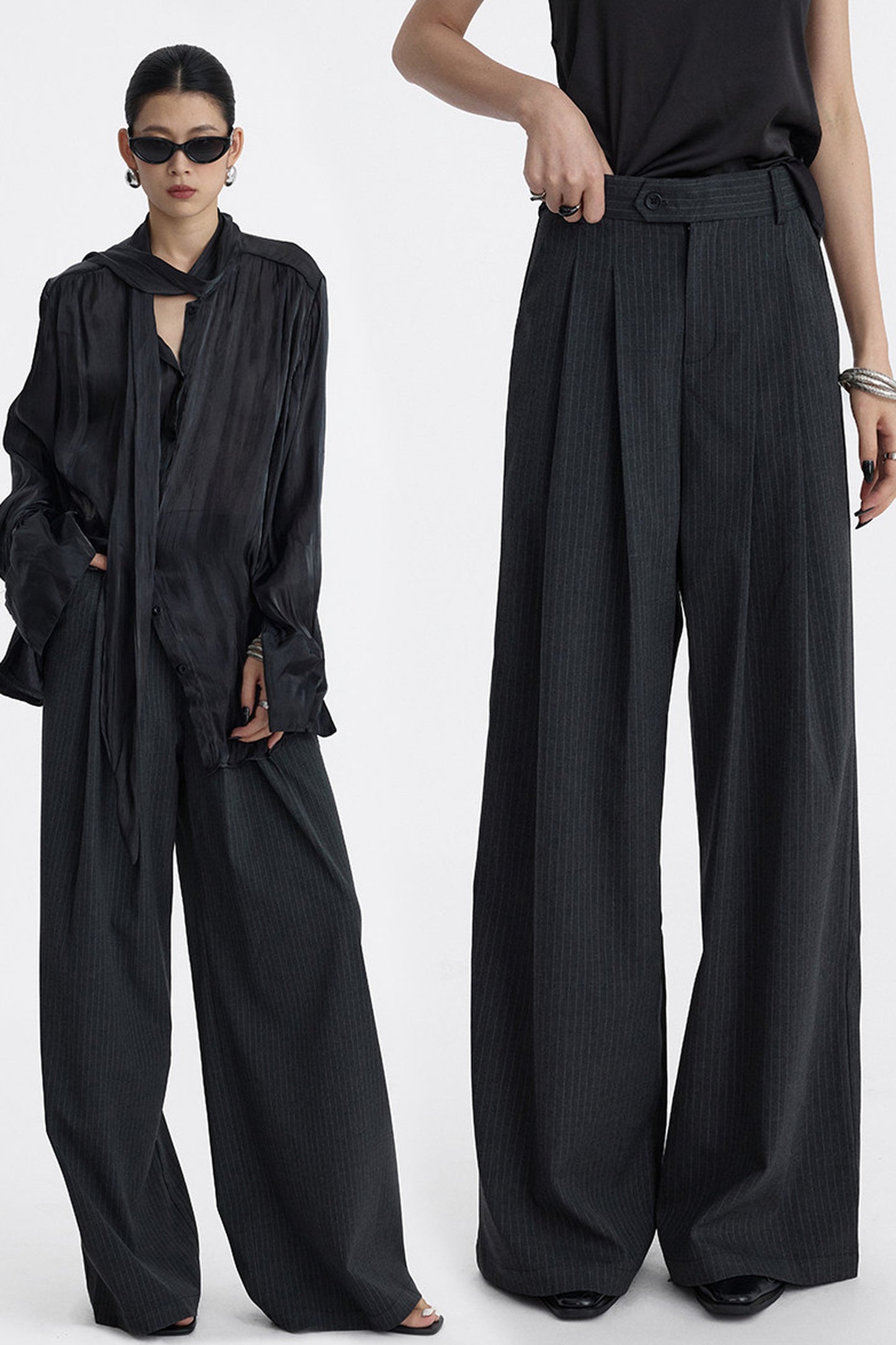 Pleated Pinstripe Wide-Leg Trousers