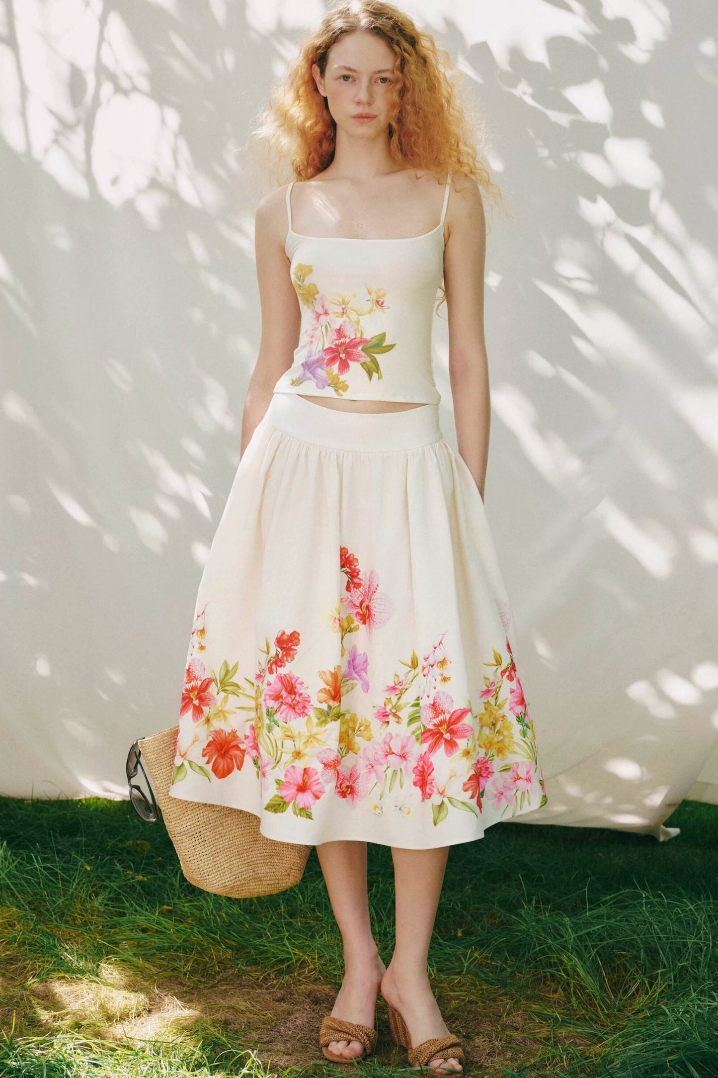 Retro Tencel Printed Camisole Skirt Set-Up
