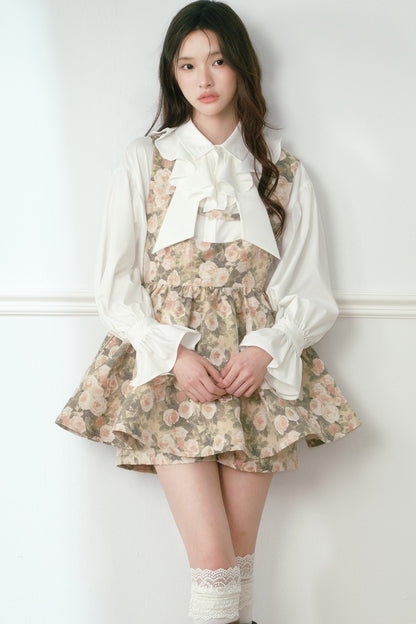 Floral Jacquard Vest Dress and White Ruffled Shirt Set-Up