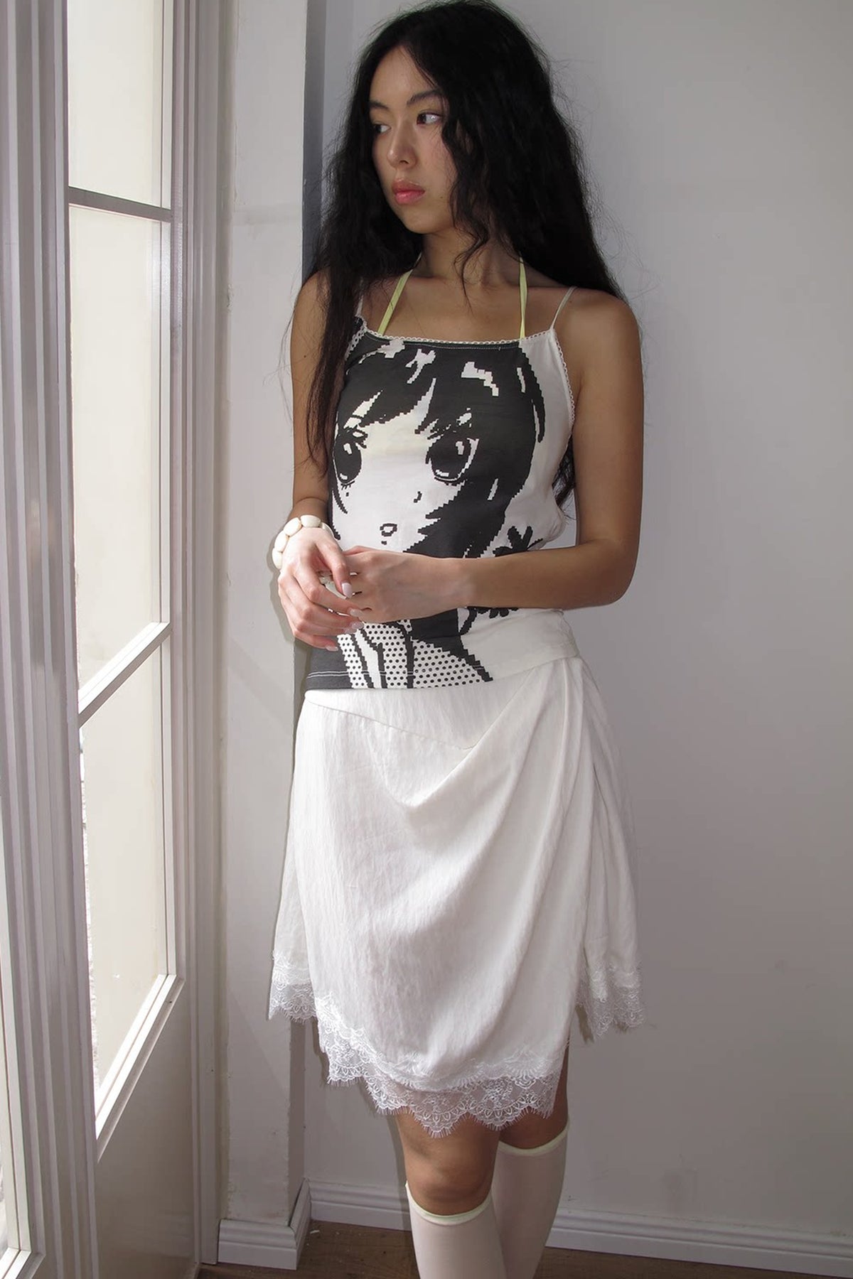 Asymmetrical Pleated A-Line Lace Trim Skirt