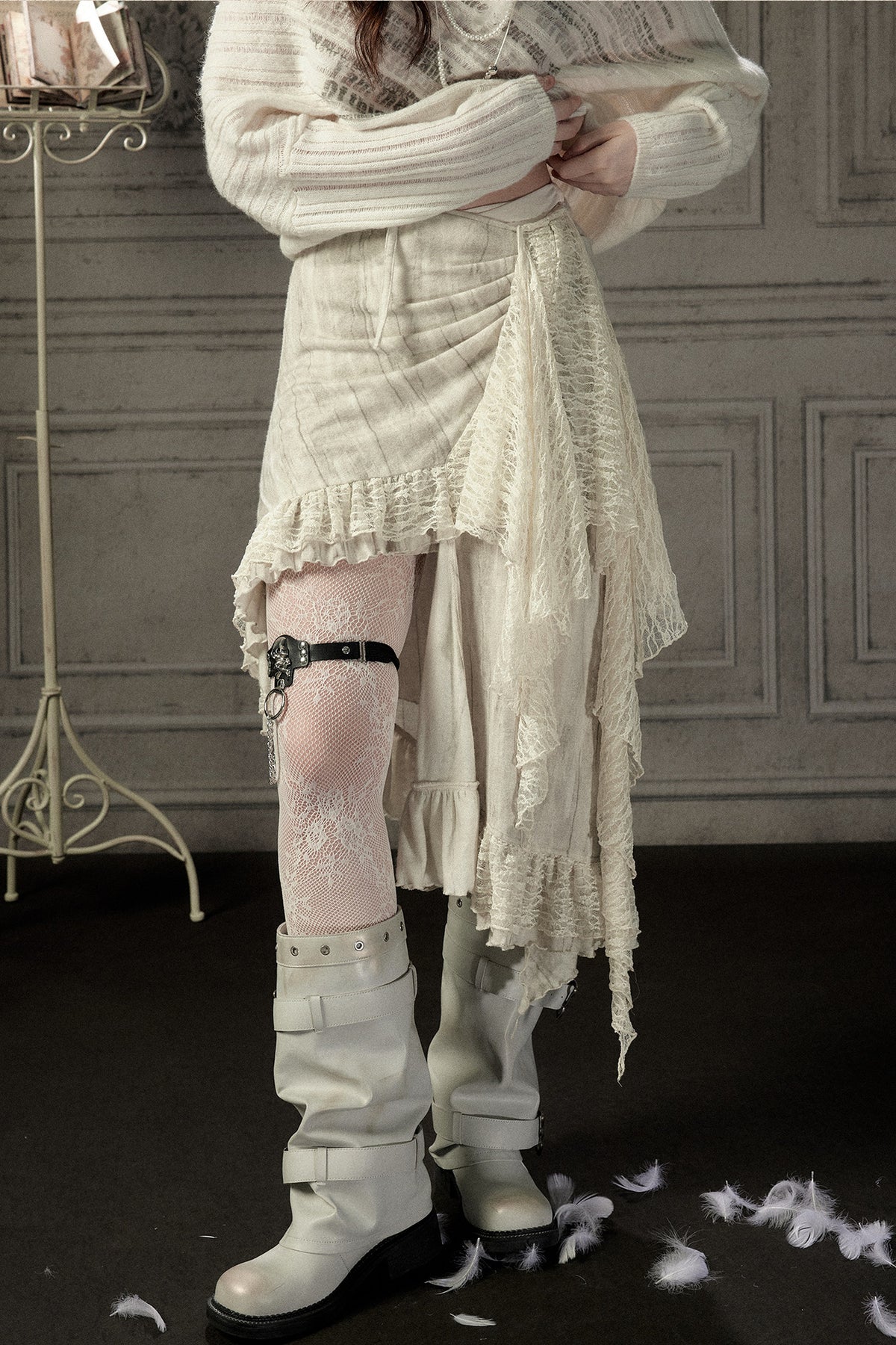 Beige Asymmetrical Lace Spliced Skirt