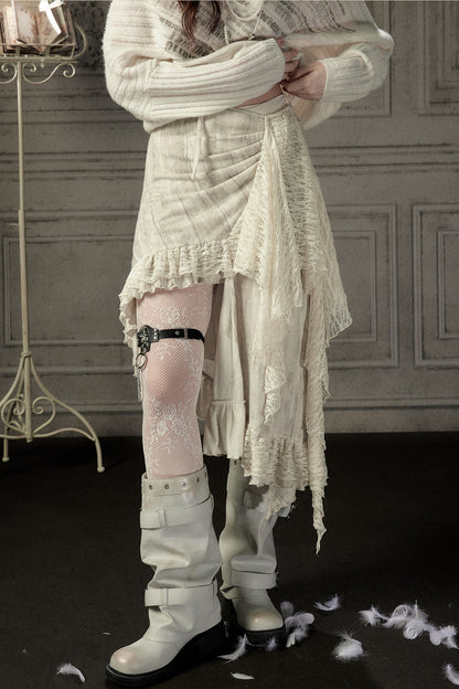 Beige Asymmetrical Lace Spliced Skirt