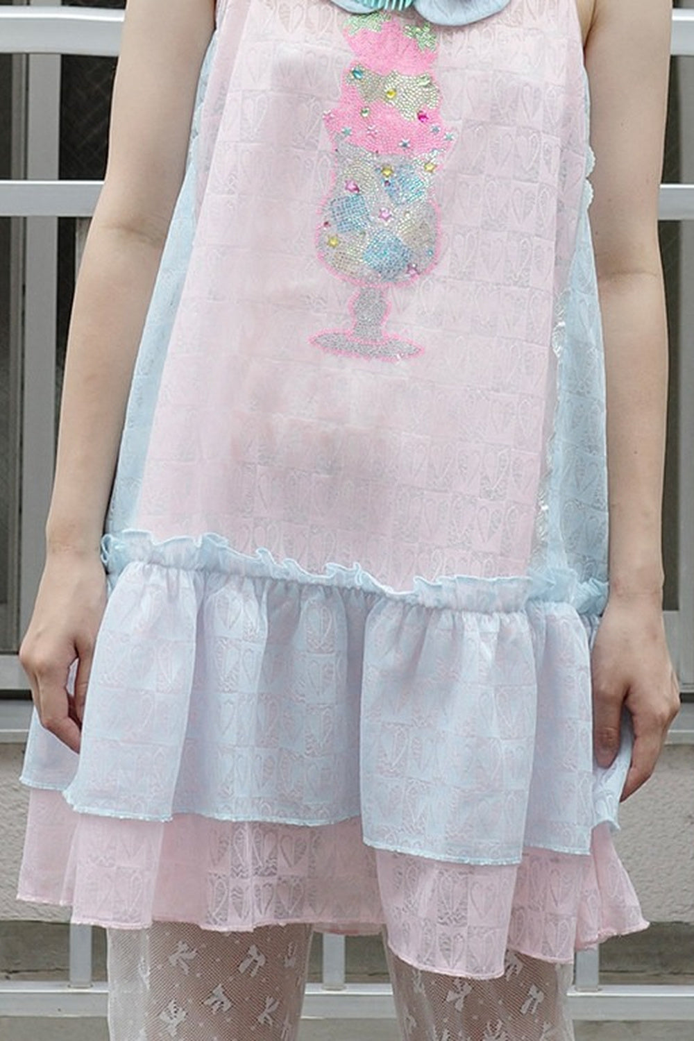 Pink Blue Patchwork Rhinestone Mesh Cami Dress