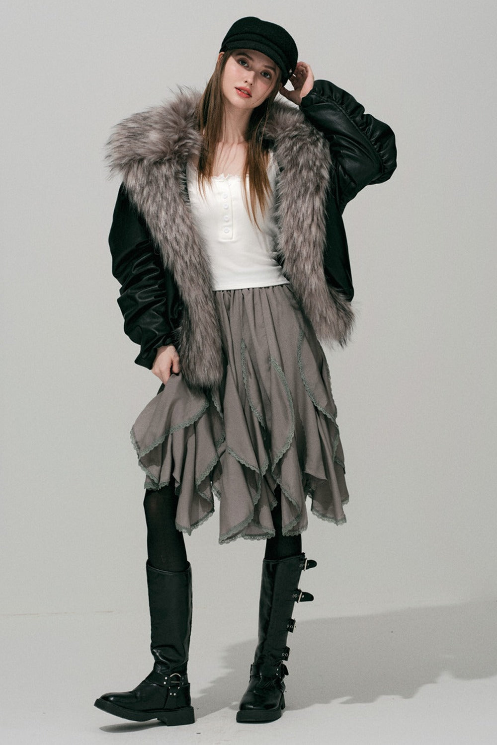 Large Fur Collar Leather Jacket