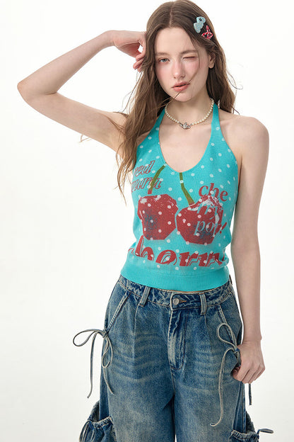 Blue Cherry Print Polka Dot Knit Halter Top