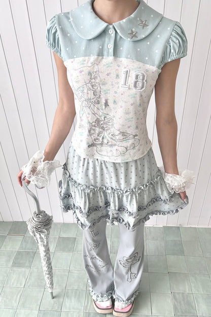 Retro Aqua Green Puff Blouse
