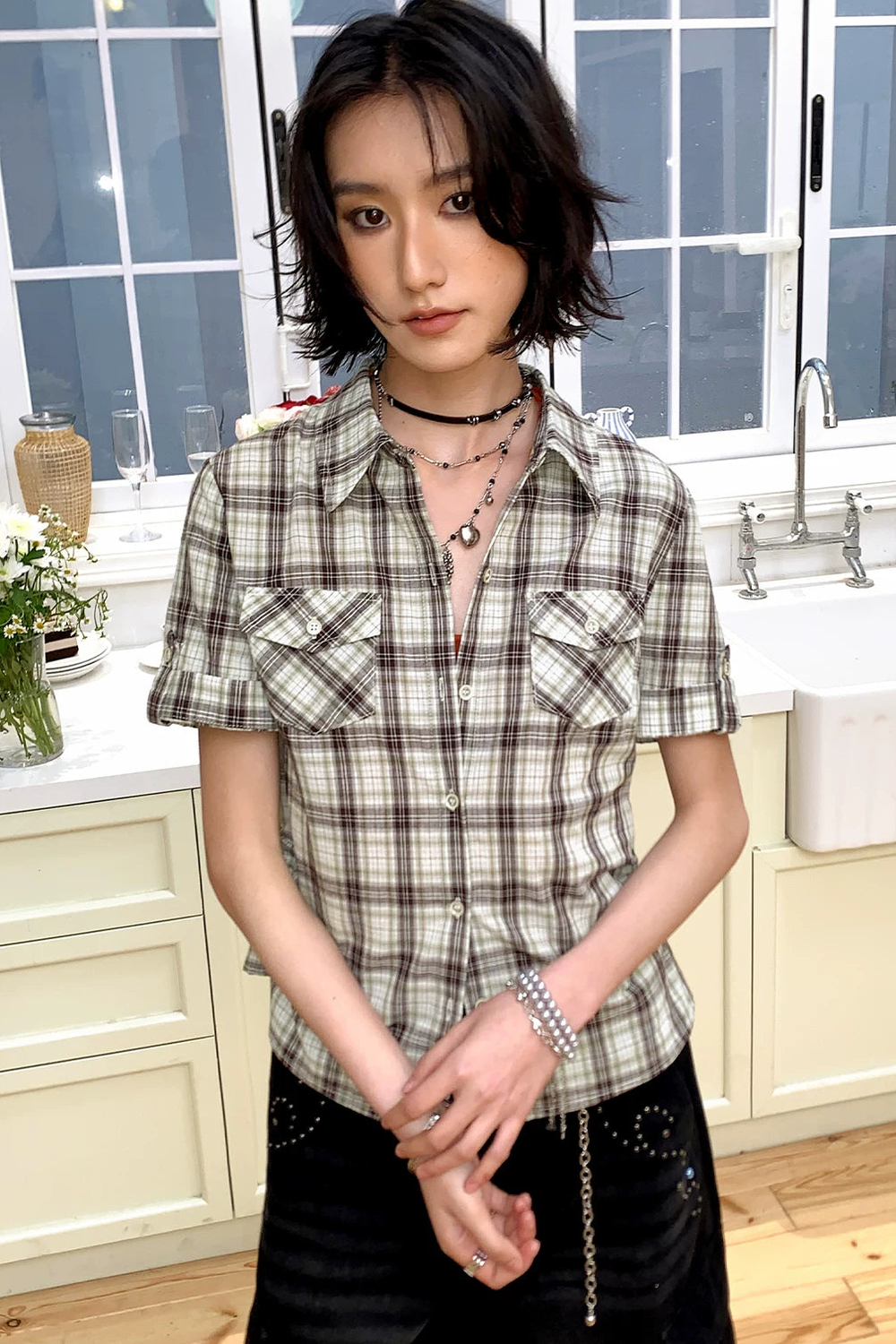 Color-Block Pocket Plaid Blouse
