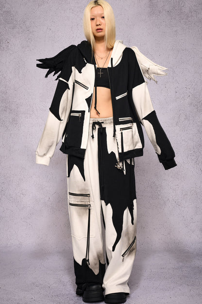 Distressed Black White Angel Zipper Hoodie