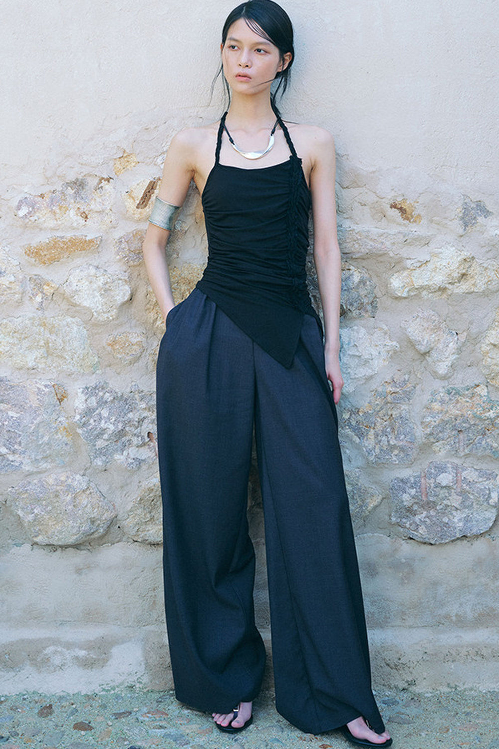 Side Ruched Braided Halter Top