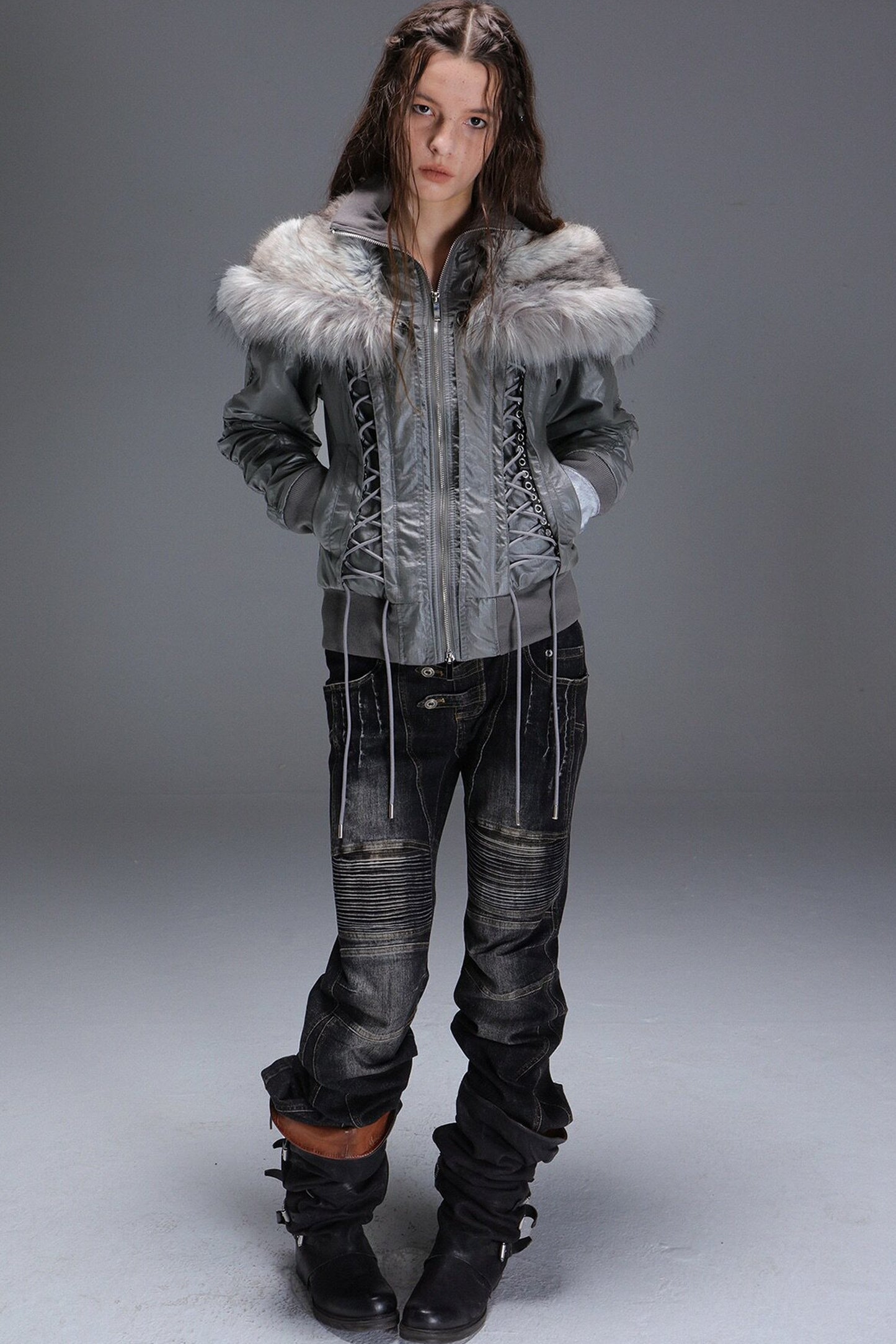 Lace-Up Fur Shawl Parka Jacket