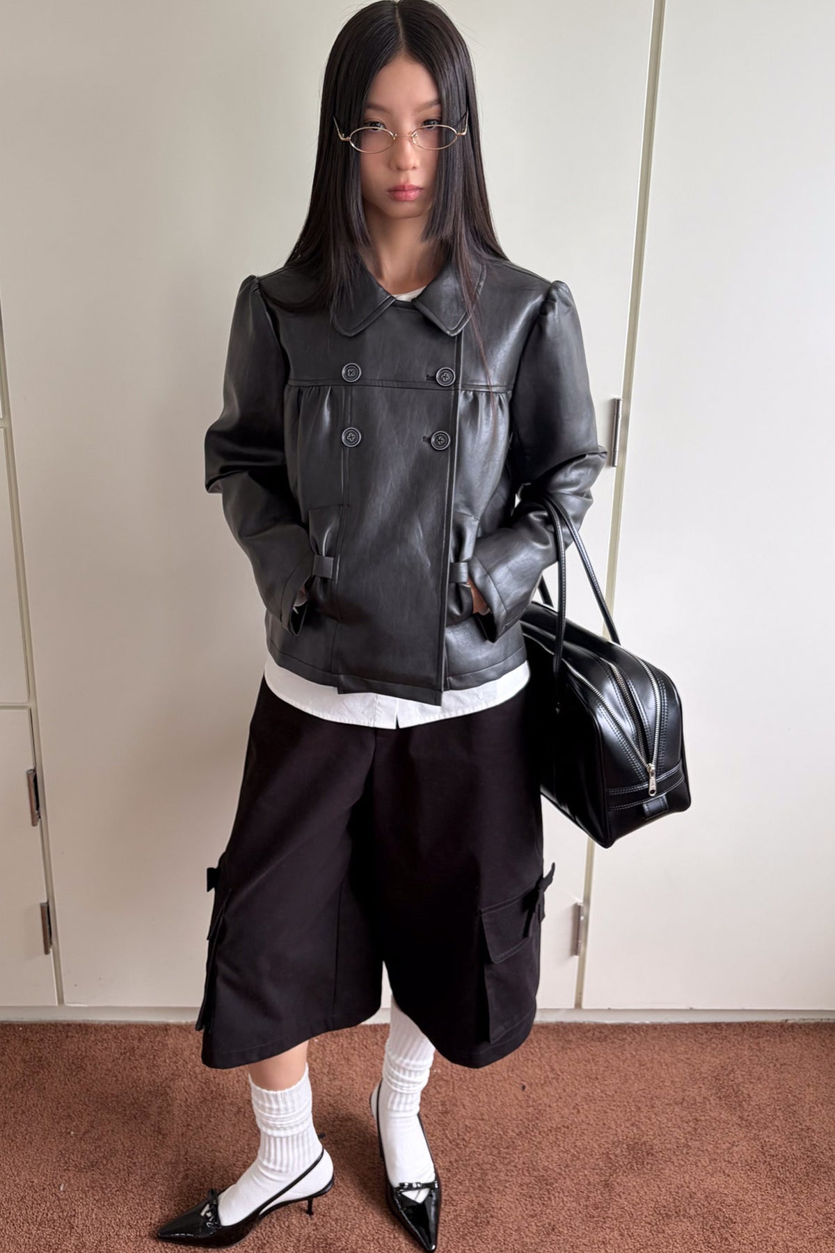 Double-Breasted Bow Pocket Leather Jacket