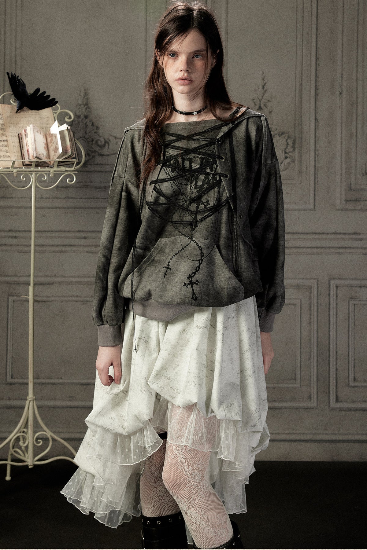 Distressed Drawstring Cross Print Hooded Pullover Sweatshirt