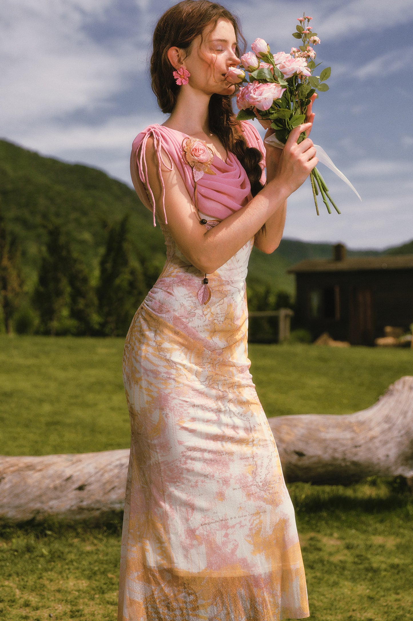 Long Floral Draped Collar Dress Set-Up