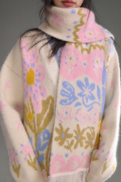 Retro Bird And Flower Jacquard Tassel Scarf