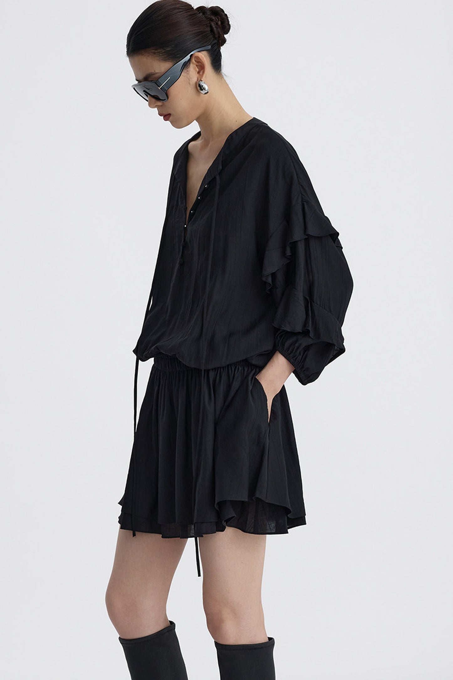 Black V-Neck Ruffle Lantern Sleeve Dress