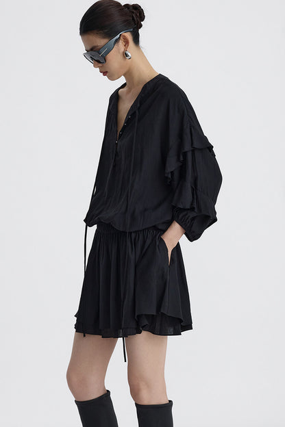 Black V-Neck Ruffle Lantern Sleeve Dress