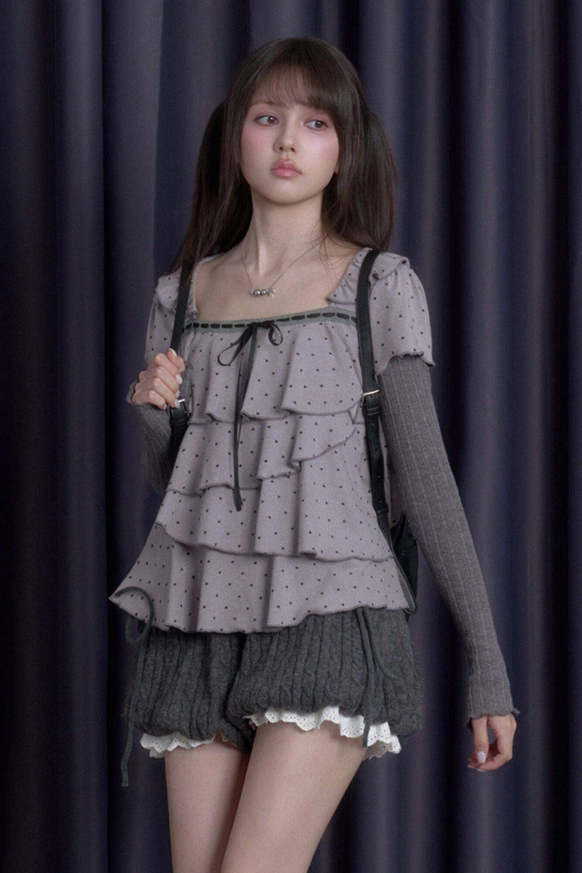 Gray-Purple Cake-Style Ruffle Long-Sleeved Knit Top