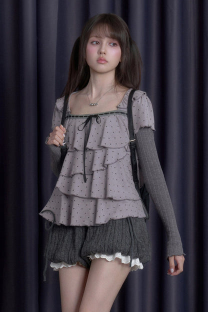 Gray-Purple Cake-Style Ruffle Long-Sleeved Knit Top