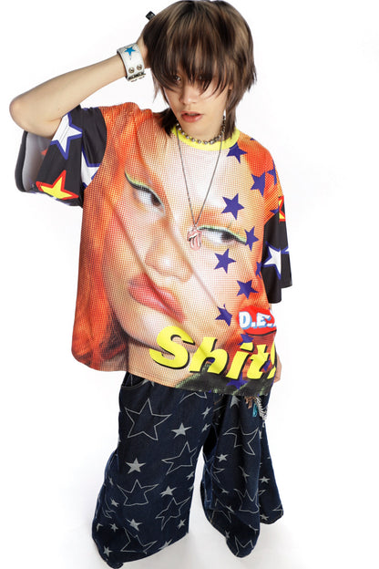 Quirky Printed Color-Blocked Collar Oversized Blouse