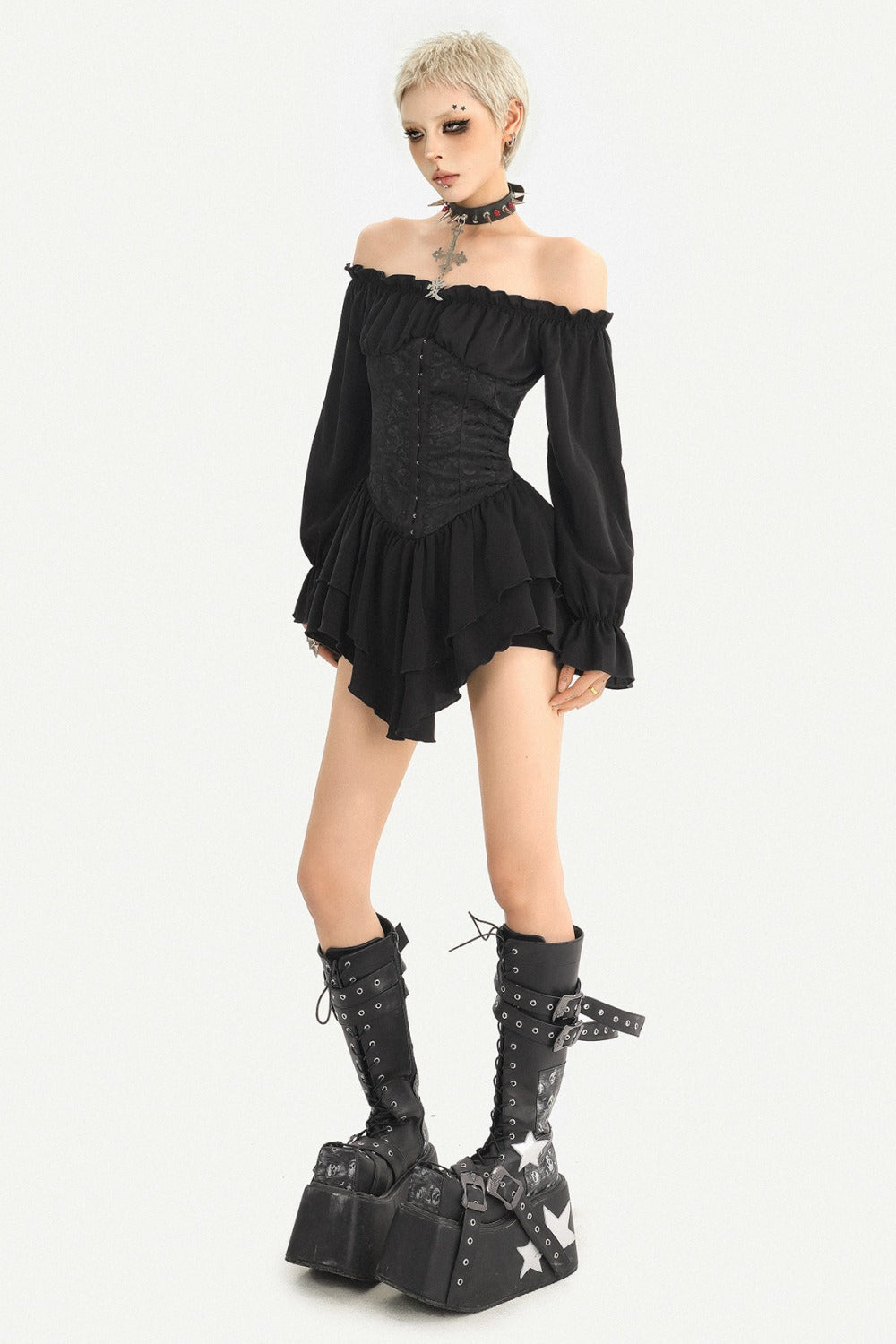 Lantern Sleeve Gothic One-Shoulder Ruffle Dress