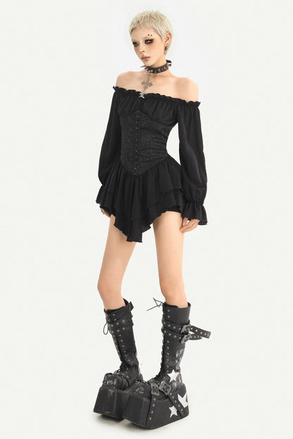 Lantern Sleeve Gothic One-Shoulder Ruffle Dress